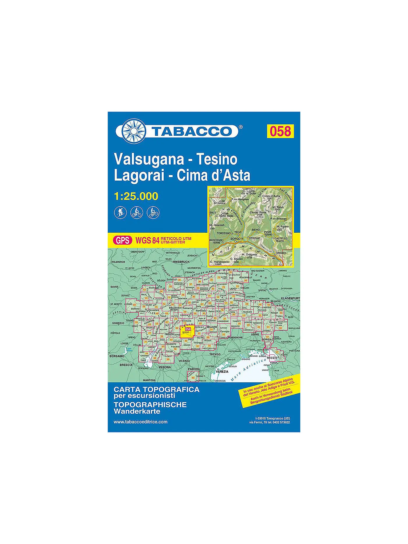 TABACCO | Wanderkarte 058 - Valsugana, Tesino, Lagorai, Cima d'Asta 1:25.000 | 
